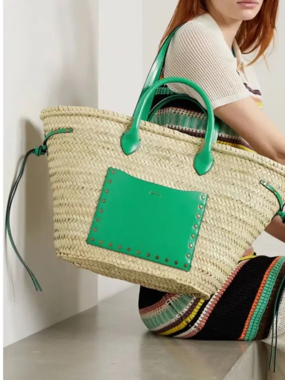 ISABEL MARANT  
Green-Accent Straw Tote Bag with Leather Trim